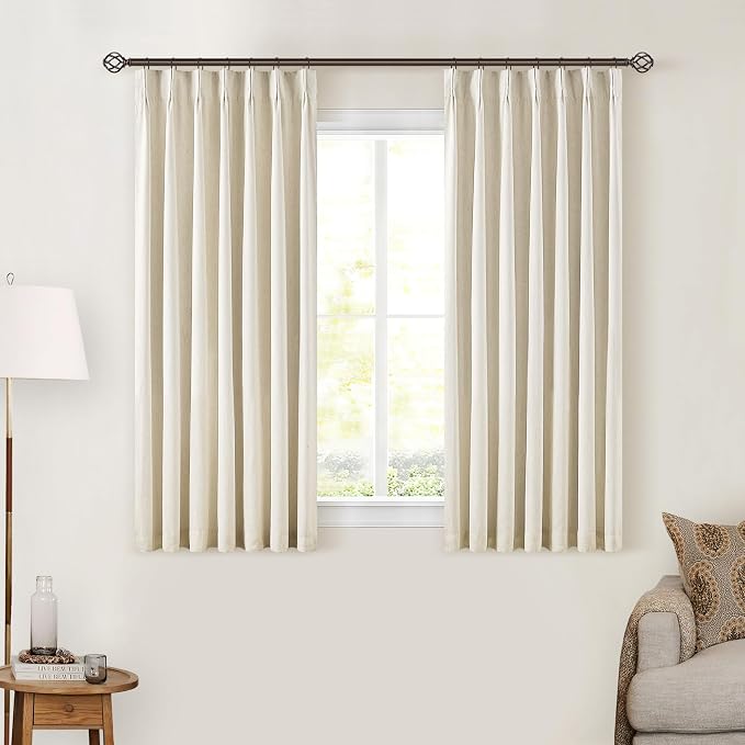 Beige Blackout Cafe Curtains 45 Inch Length 2 Panel Set Pinch Pleated Back Tab Linen Blend Black Out Short Curtains Boho Farmhouse Thermal Insulated Small Window Drapes for Bathroom Kitchen RV