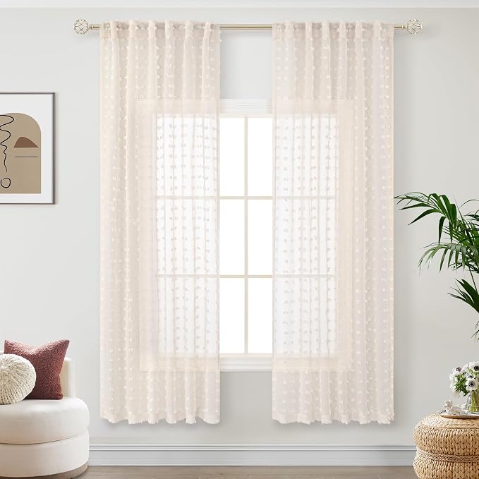 Beige Sheer Curtains 63 Inch Length for Bedroom Living Room Kids Nursery Window Pompom Design Country Rustic Farmhouse Boho Cute Semi Sheer Curtain Modern Elegant Back Tab 2 Panels 52x63 Light Beige