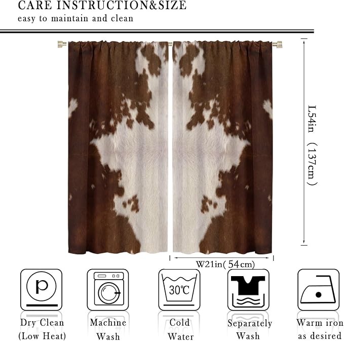 Cow Print Blackout Curtain, Animal Fur Brown Cowhide Western Farm Style Window Treatments Rod Pocket Curtain for Bedroom Living Room Kitchen Decor Drapes 42x54in