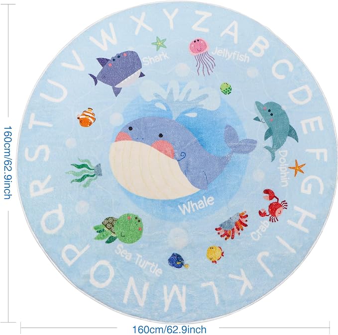 Soft Round ABC Rug for Kids Room,5.2 ft Washable Circle Rug,Non-Slip Whale Alphabet Kids Rug Carpet for Playroom Bedroom Kids Room Decor(for Age 2+)