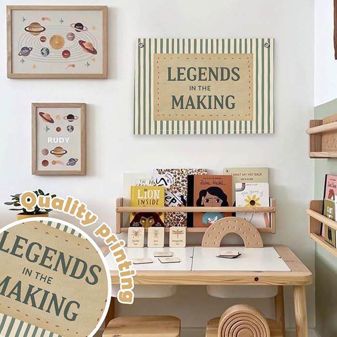 RTXLEZM Boys Room Decor, Legends in the Making Inspirational Canvas Banner | Retro Green Striped Motivational Wall Hanging for Toddler Boys Nursery Bedroom Playroom Decor, 20x30 Inch
