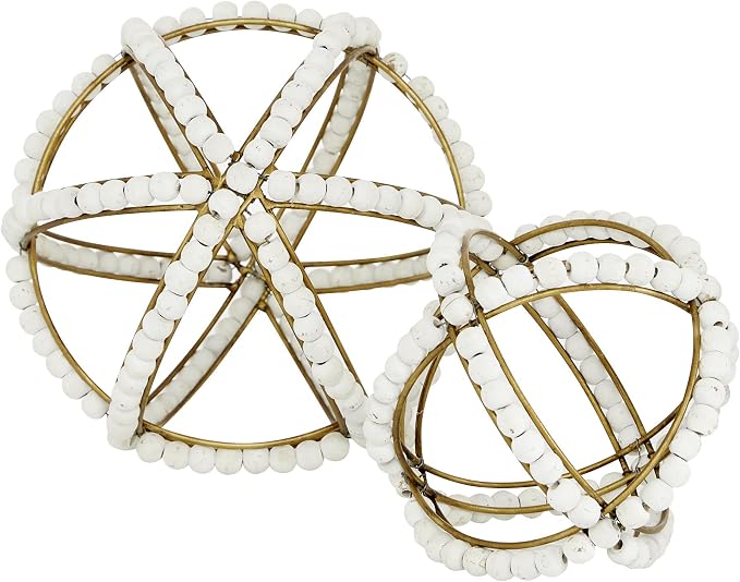 Deco 79 Metal Geometric Handmade Decorative Sculpture Beaded Home Decor Statues, Set of 2 Accent Figurines 7", 5"H, White