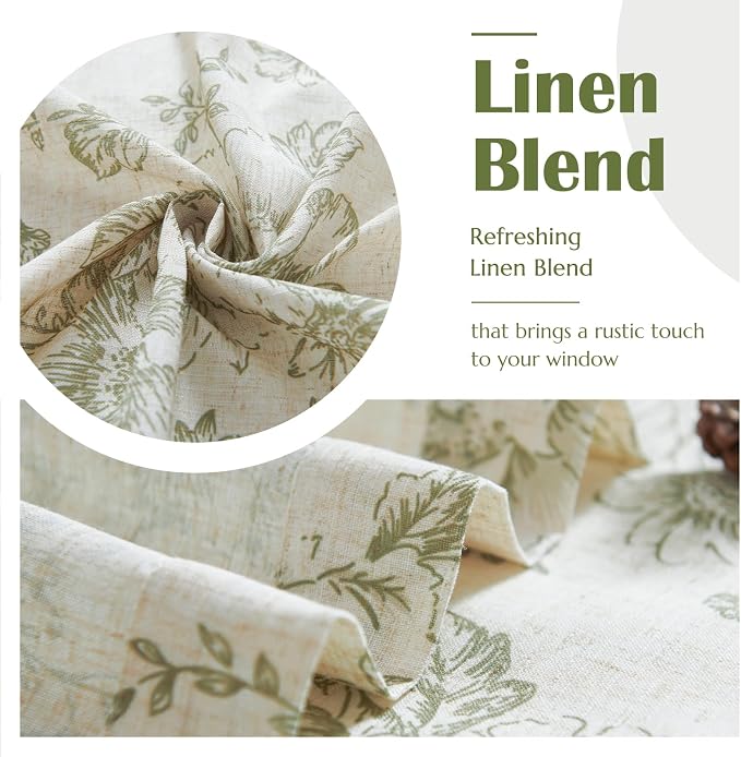 jinchan Linen Floral Tier Curtains 24 Inch Farmhouse Botanic Cafe Curtains Light Filtering Drapes for Small Windows Back Tab Half Window for Kitchen Living Room Bathroom 2 Panels Green