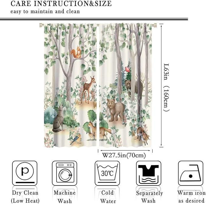 Forest Animal Kids Curtains, Wild Rustic Bear Fox Deer Children Cartoon Window Treatments for Living Room, Watercolor Blackout Drapes 2 Panel Sets,55x63 Inch