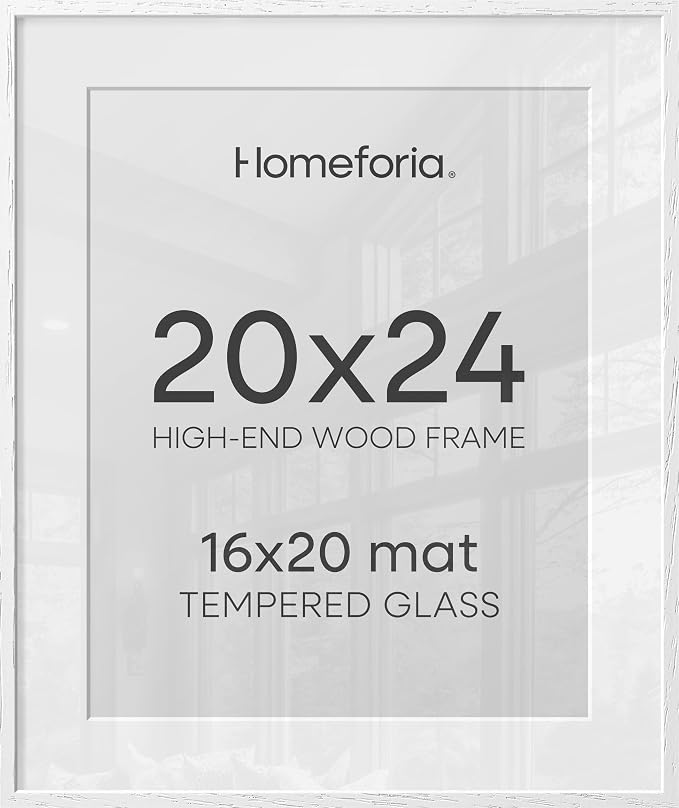 Homeforia 20x24 White Picture Frame, High End Oak 20x24 White Wood Frame with Mat 16x20 Photo, 20 x 24 Wooden Poster Frames Matted to 16 by 20, 24x20 Hanging Frames, Tempered Glass, Wall Kit, Set of 2
