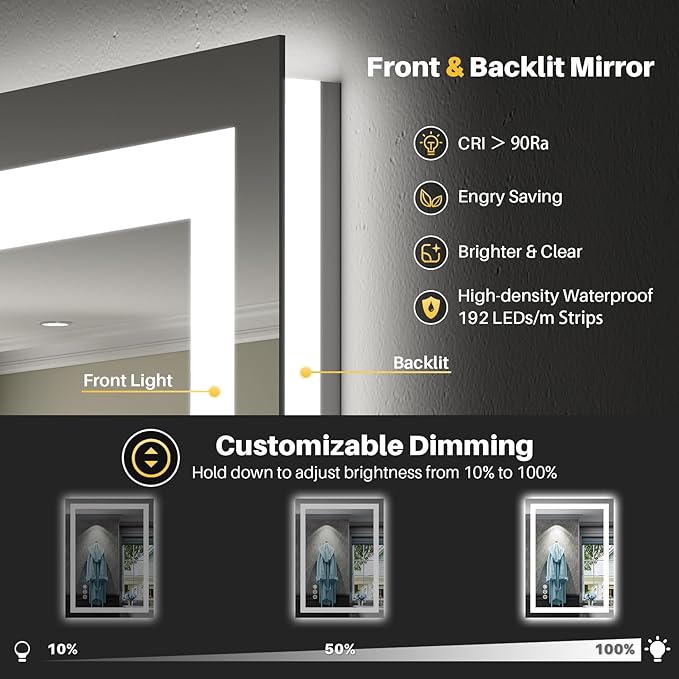 24x32 LED Bathroom Mirror, Dual Lit Anti-Fog Wall Vanity Mirror | 3 Color Dimmable, Memory Function, Shatter-Proof Tempered Glass, ETL Listed, IP54 Waterproof Horizontal/Vertical