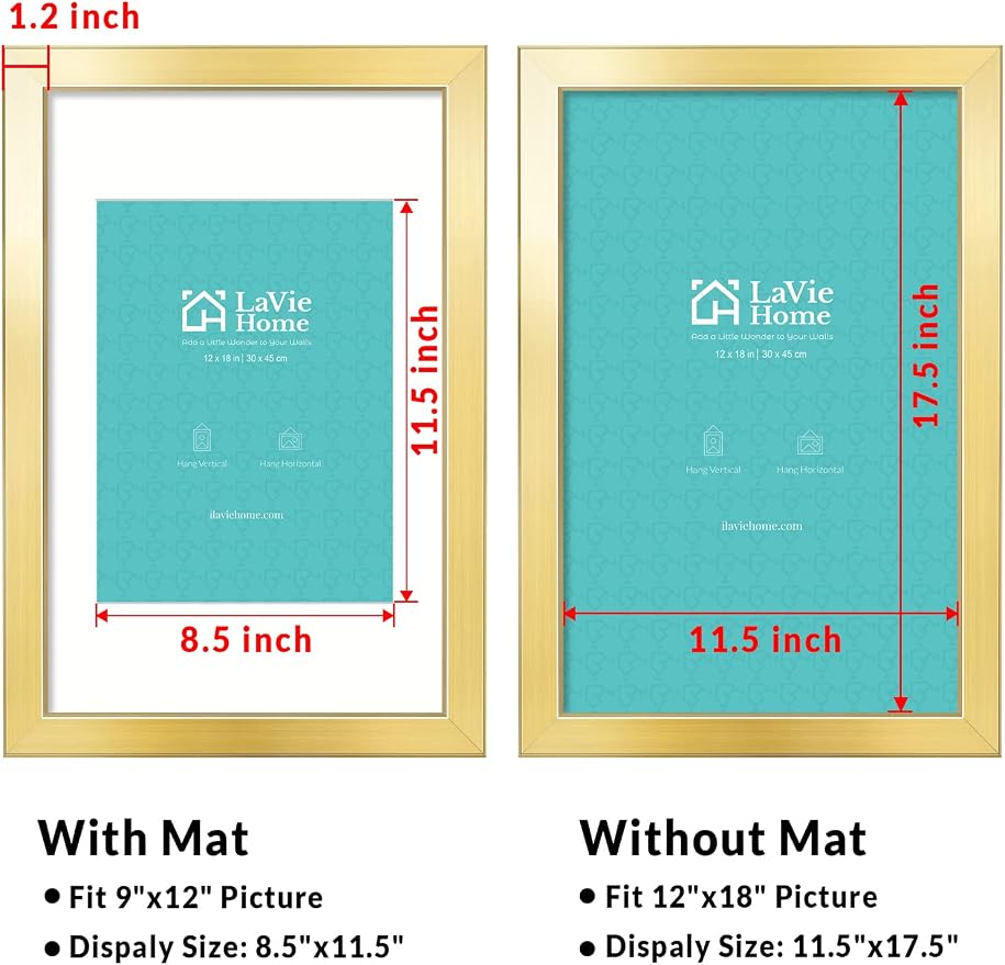 LaVie Home 12x18 Picture Frame Gold Poster Frame,Display Pictures 9x12 with Mat or 12x18 Without Mat, Stable and Sturdy Frame and Polished Plexiglass, Horizontal and Vertical Format of The Walls