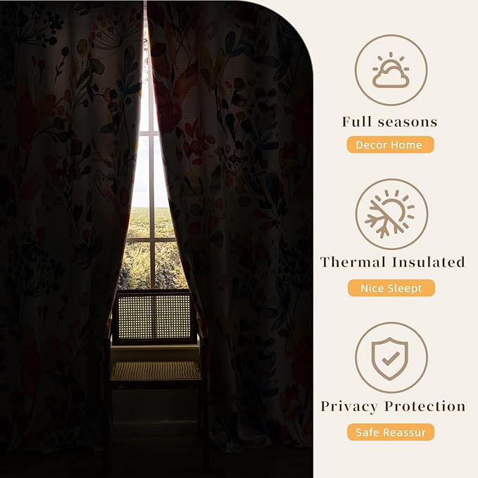 Boho Watercolor Floral Blackout Curtains 84 inches long Bohemian Flower Colorful Leaf Print Pattern Drapes Decor Home Bedroom Living Room Darkening Grommet Window Treatments 2 Panels Set,42x84 Inch