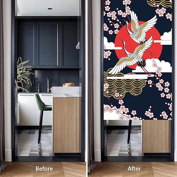 Ofat Home Crane & Sakura Noren Curtain 33.5" x 59" Japanese Style | Flying crane and cherry blossom design with rising sun motif, elegant Asian style fabric hanging curtain for doorway decor