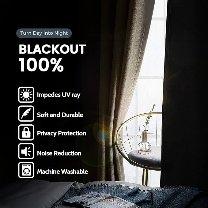 SimpleHome 100% Blackout Curtains for Bedroom,Thermal Insulated Beige Grommet Window Drapes Room Darkening Curtains for Living Room with Black Back,38 x 63 Inch,2 Panels