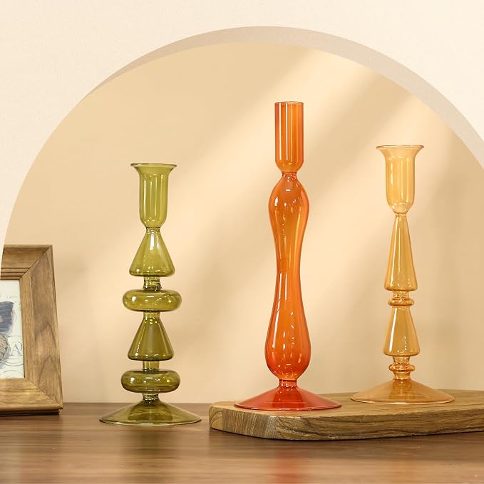 Mumufy 3 Pcs Vintage Christmas Glass Candlestick Holders Neutral Christmas Shaped Glass Taper Candle Holder Amber Olive Honey Gold Xmas Candle Stick Vase Decor for Holiday
