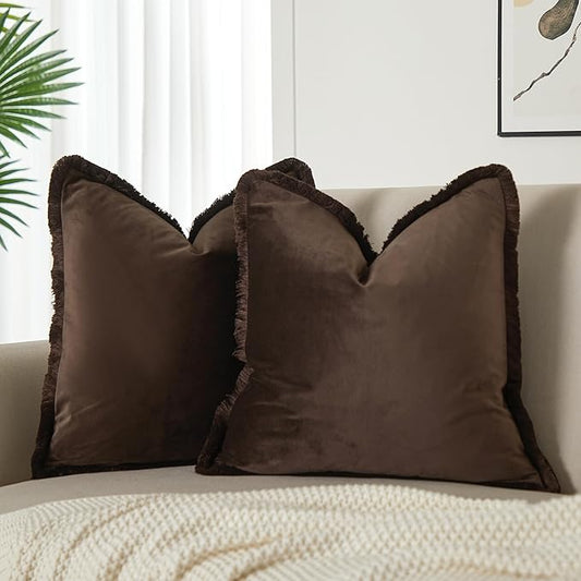 JUSPURBET Pack of 2 Coffee Decorative Fringe Velvet Throw Pillow Covers 20x20 for Home Decor Living Room Bedroom Car Boho Soft Cushion Cover with Hidden Zipper Machine Washable
