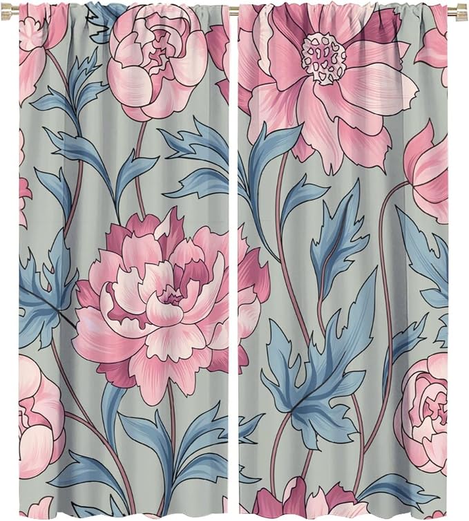 Floral Blackout Window Curtain, Flourish Ornamental Blossom Rose Style Print for Home Kitchen Restaurant Decoration Drapes 2 Panels 42x54 Inch