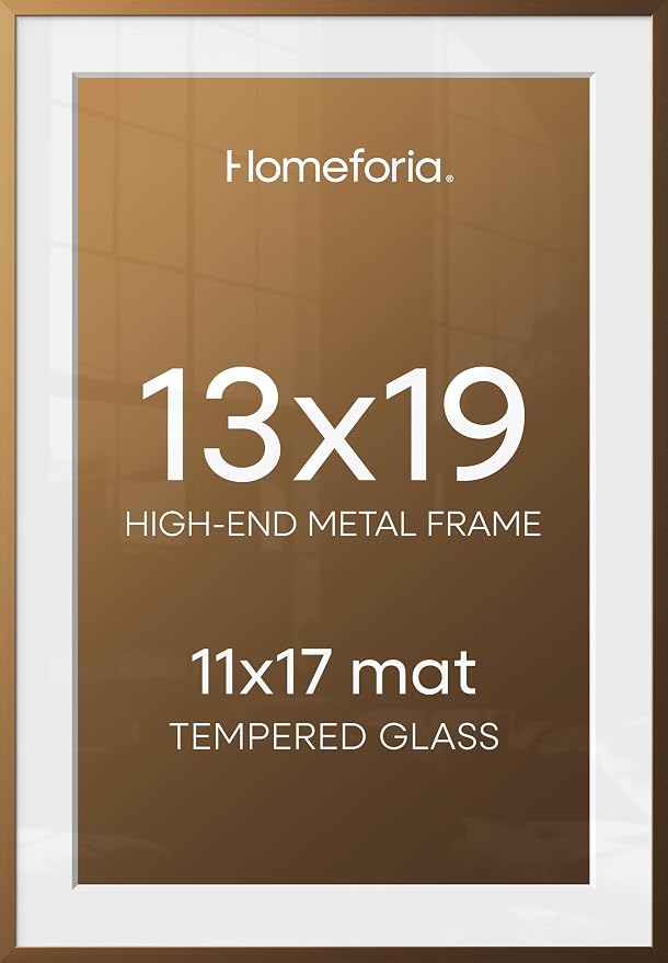 Homeforia 13x19 Picture Frame Bronze, High End Metal 13x19 Brass Poster Frames with Mat 11x17 for Photo, 13 x 19 Frame Matted to 11 by 17 Print, 19x13 Hanging Frame, Tempered Glass, Wall Kit, Set of 2