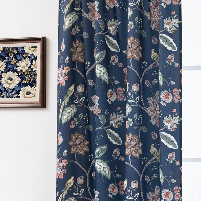 90 Inch Navy Blue Floral Patterned Blackout Curtains, Print Back Tab Curtains for Living Room Bedroom, 2 Panel Set, 50x90 in Long