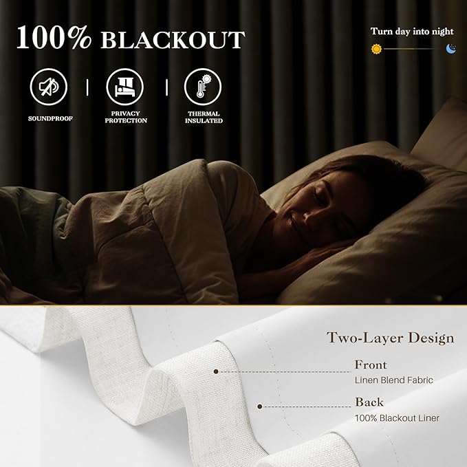 IVAPUPU Pinch Pleated Linen Blend Blackout Curtains for Bedroom - Ivory Full Black Out Curtains 84 Inch 2 Panels Set for Living Room Darkening Thermal Window Curtain Drapes with 16pc Hooks
