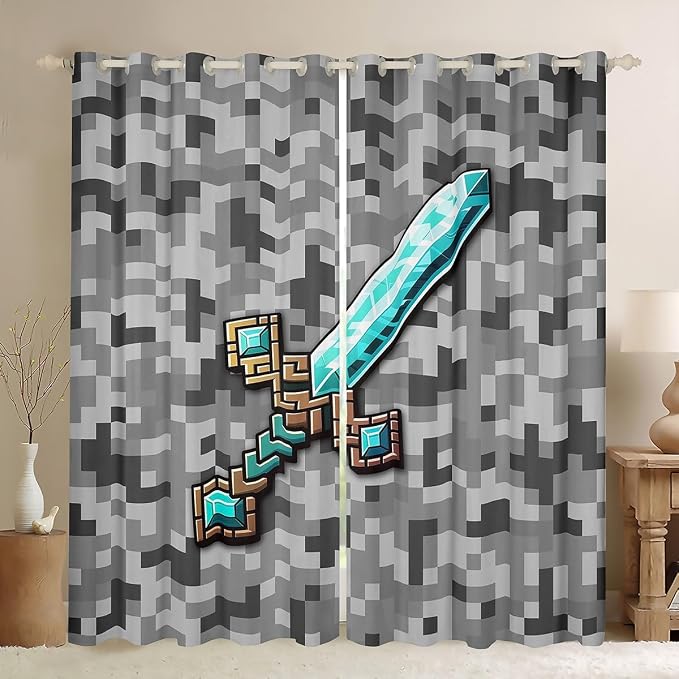 Castle Fairy Cartoon Sword Window Curtain,Pixelated Themed Games Living Room Decor Curtains,Blue Sandbox Block Window Treatment Kids Boys Teens Grey Check Camo Blackout Drapes 2 Panels,42Wx84L