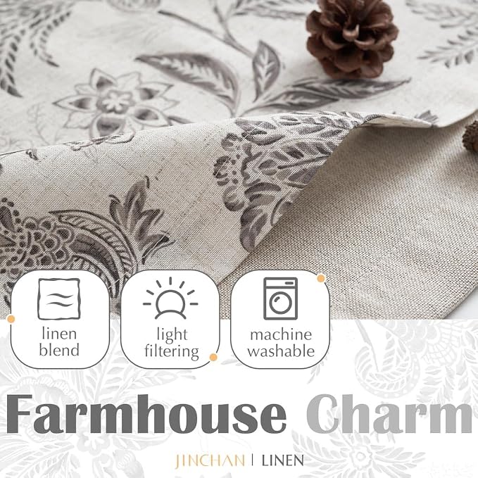 jinchan Floral Valance Curtain Linen Kitchen Valance for Windows 16 Inch Farmhouse Light Filtering Gray Floral Short Window Treatment for Living Room 1 Panel Rod Pocket Double Layer Grey on Beige