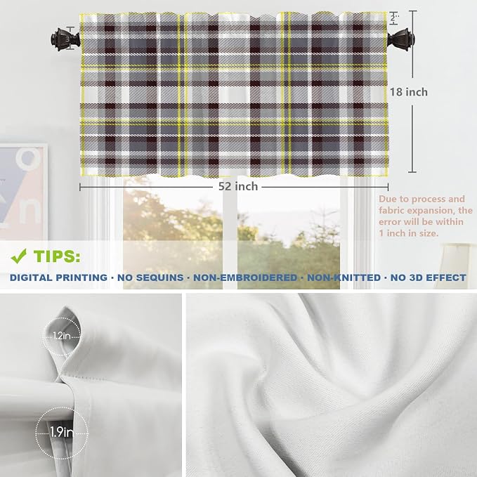 Shrahala Grunge Vintage Art Plaid Blackout Short Curtains for Windows, Tartan Grey Kitchen Valance Thermal Insulated Rod Pocket Window Treatment for Bathroom 2 Pack 52 X 18 in