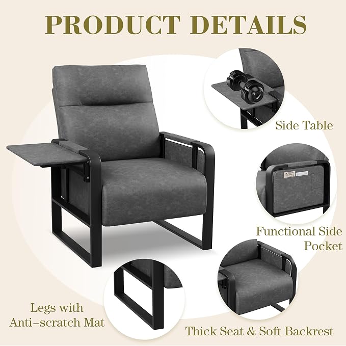 Modern PU Leather Accent Chairs Set of 2 Upholstered Armchairs with Side Table Leisure Side Chairs for Living Room Bedroom Office Grey