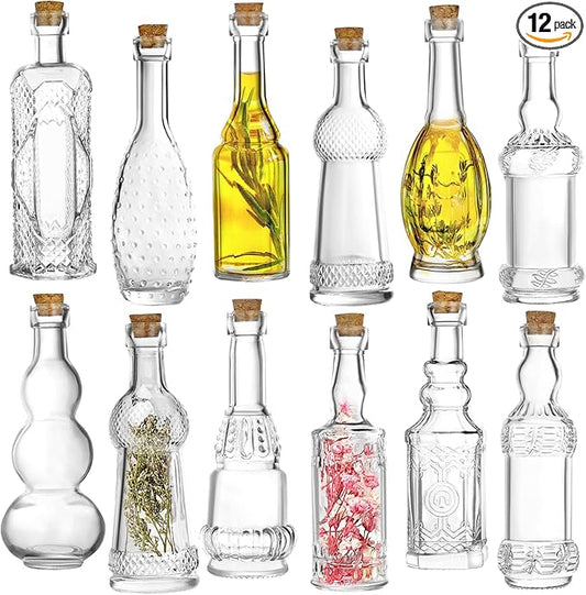 Kitchen Lux Vintage Small Bottles With Corks, Assorted Shapes [12-Pack] Clear Mini Glass Jars With Cork Lids For Crafts, Party Favors & Wedding Decorations- Small Bud Vases/Sand Art Bottles