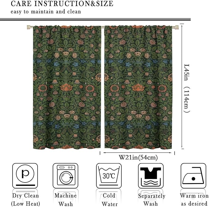 Bohemia Plant Flowers Pattern Blackout Window Curtains, William Morris Art Print Vintage Decor Curtains, for Living Room Bedroom 21(W)*45(L) 2 Panels