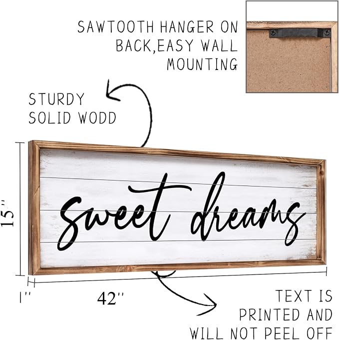 Sweet Dreams Wall Decor Above Bed 42''×15'' Large Bedroom Wall Sign Farmhouse Bedroom Sign Wood Framed Guest Room Decor Master Bedroom Wall Decoration