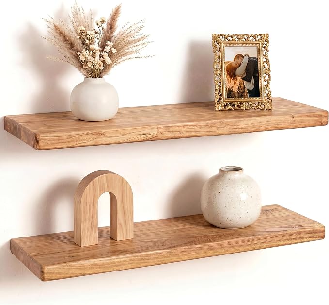 Fun Memories 24 Inch Floating Shelf, 8 Inch Deep Rounded Edge Reclaimed Elm Wood Wall Shelf with Hidden Bracket for Bathroom, Kitchen & Bedroom