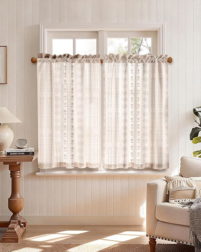 Miss Adola Farmhouse Kitchen Tier Curtains - 36 Inch Length Linen Blend Boho Cafe Curtains Striped Beige Small Window Treatments Over Sink Rod Pocket for Bathroom Living Room Light Filtering, 2 Panels