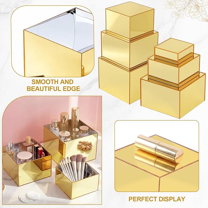 Geelin 6 Pack Acrylic Risers for Display Acrylic Cube Boxes Risers Display Stands with Hollow Bottoms Decorative Stand for Jewelry Candy Table Decor 6 Sizes(Gold,3 to 8 Inch,Square)