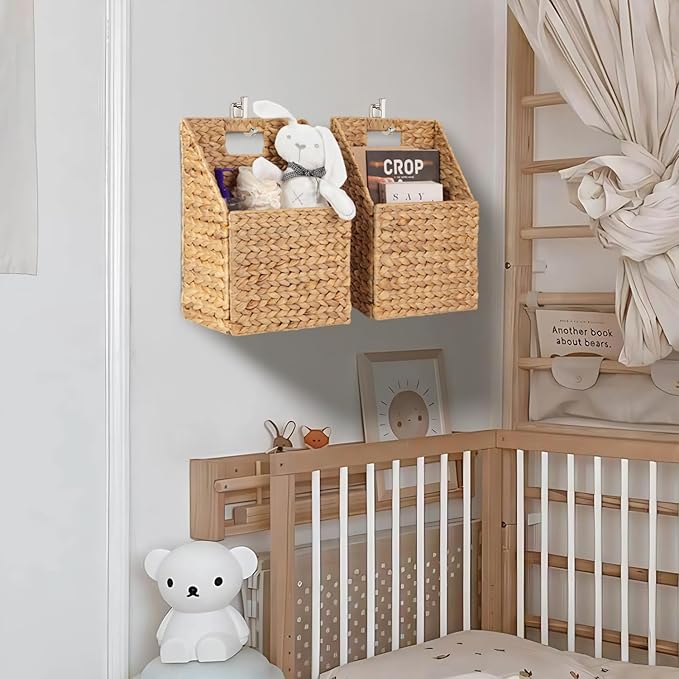 Wicker Hanging Storage Basket (10,5"Lx6,5"Wx13"H), Set of 2 Wall Baskets, Water Hyacinth Baskets, Wall Decor Hyacinth Basket Hanging for Organizing Files, Mails, Books, Magazine,...