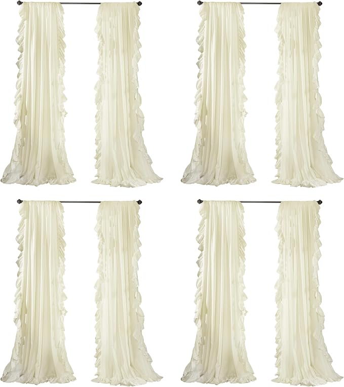 Lush Decor Reyna Ruffle Window Curtain Panel Set,Pair,54" W x 84" L,Ivory-Flowy Curtain Set-Romantic Ruffle Curtains for Bedroom,Living Room,or Dining Room-Farmhouse & Cottage Home Decor (Pack of 8)