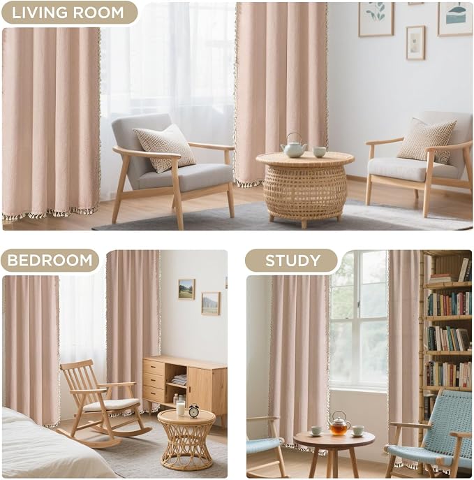 Joydeco Dusty Pink Boho Curtains 96 Inches Long 2 Panels, Super Soft Bohemian Farmhouse Curtains with Tassels, Semi Sheer Light Filtering Drapes for Bedroom Living Room (Rod Pocket, 52Wx96L)