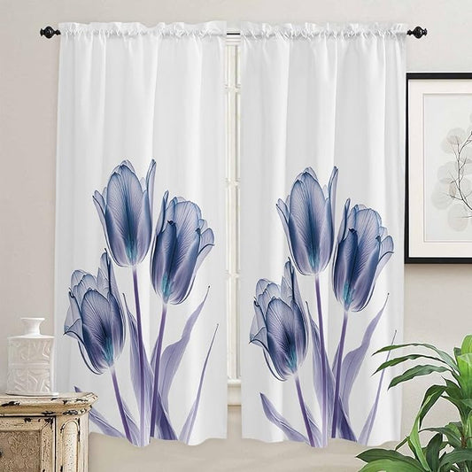 Kitchen Tier Curtains 72 inches Long, Abstract Transparent Flower Tulip Blue Purple Window Curtains for Living Room Bathroom,Rod Pocket Light Filter Drapes Short Half Window Treatment Tiers 2 Panels