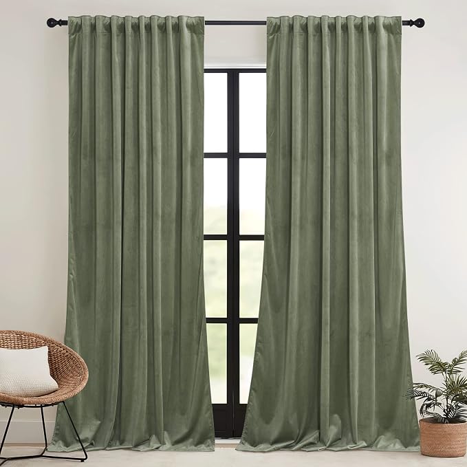 RYB HOME Sage Green Velvet Curtains 102 inches with Hook Belt, Soft Fabric Room Darkening Thermal Insulated Luxurious Home Decor Curtains for Living Room Bedroom, W 52" x L 102", 2 Panels Set