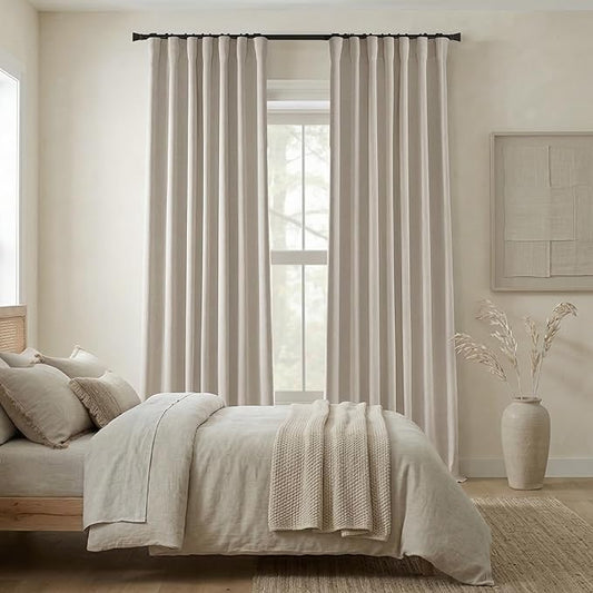 108 Inch Linen Blackout Curtains, 9FT Thermal Insulated Rod Pocket Back Tab Drapes for Living Room Bedroom, 2 Panel Set, 9 FT Length 50'' W x 108'' L, Beige