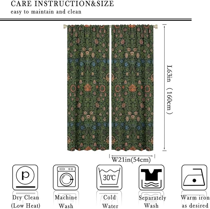 Bohemia Plant Flowers Pattern Blackout Window Curtains, William Morris Art Print Vintage Decor Curtains, for Living Room Bedroom 21(W)*63(L) 2 Panels