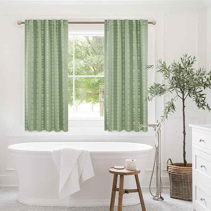 Lino Rosa Bathroom Curtains Window, 45 Inch Short Boho Sage Green Privacy 50% Blackout Small Curtain for Bedroom Kitchen, 2 Panel Sets 34" W x 45" Length