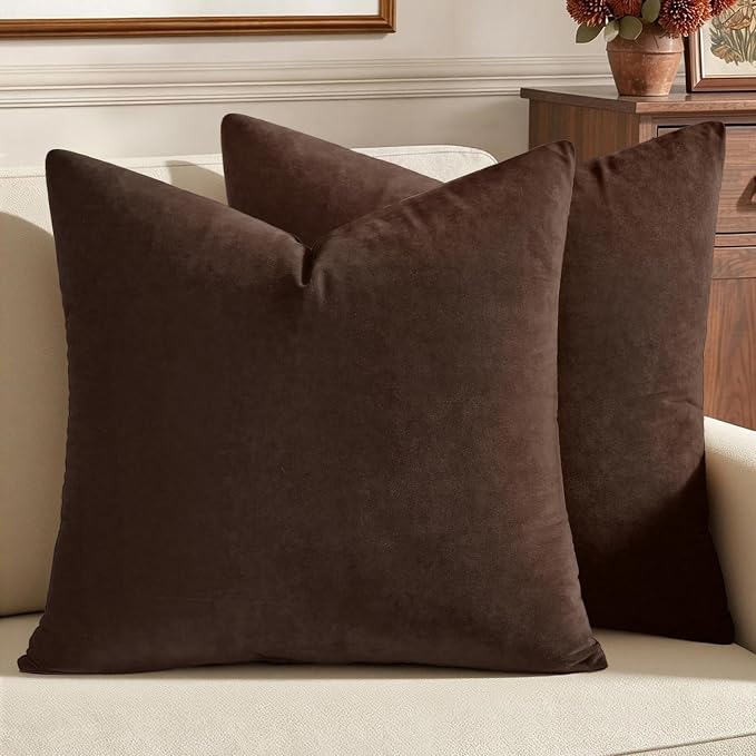 MIULEE Velvet Throw Pillow Covers 24x24 Inch, Pack of 2 - Dark Brown, Super Soft Euro Decorative Square Pillows Modern Luxury Home Decor for Bed, Sofa, Couch, Living Room