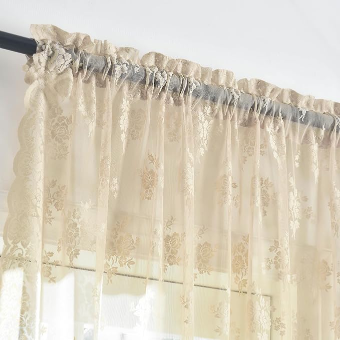 Kotile Short Beige Lace Curtains 36 Inch Length 2 Panels Set, Rustic Floral Vintage Scalloped Lace Kitchen Window Curtains Over Sink, Rod Pocket Privacy Sheer Lace Café Curtains, Each 52 x 36 Inch