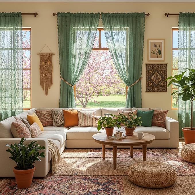 WAZZIO Boho Lace Curtains 2 Panels 72 Inches -Vintage Victorian Sheer Panel Drape French Country Floral Pattern & Tassel Light Filtering Privacy for Bedroom Dining Living Room,Dark Sage Green,W52x L72