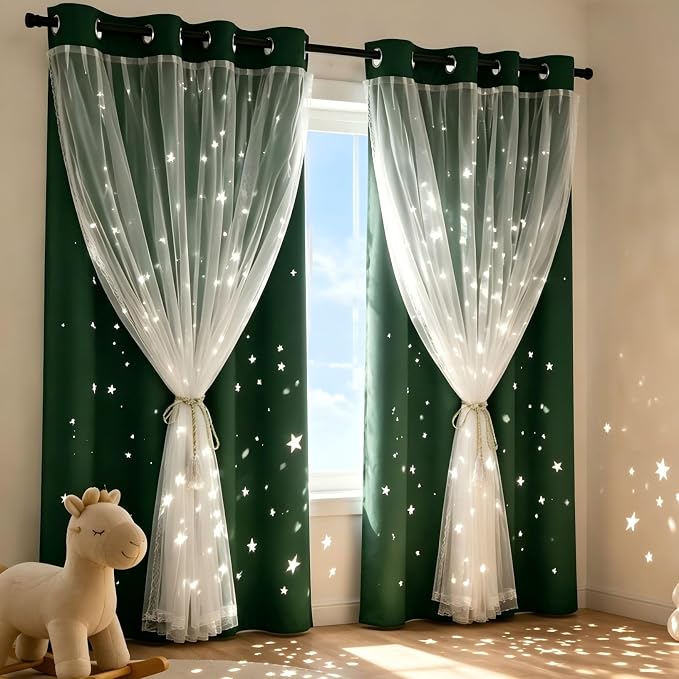 Star Cutout Blackout Curtains Double Layer Curtains with Durable Sheer Curtains for Bedroom Thermal Insulated Window Treatment Set with 2 Free Tiebacks (52W x 63L 2 Panels Dark Green)