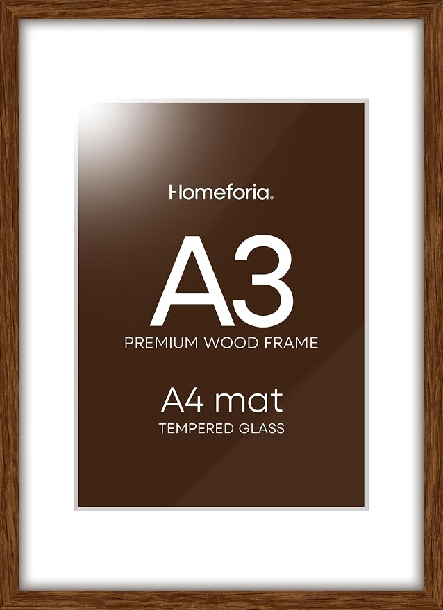 Homeforia A3 Picture Frame Brown Wood, High-End Dark Oak 11.7 x 16.5 Poster Walnut Frames Matted to 8.3 by 11.7 inch Photo, A3 Size Wooden Frame with Mat for A4 Art, Tempered Glass, Wall Kit, Set of 2