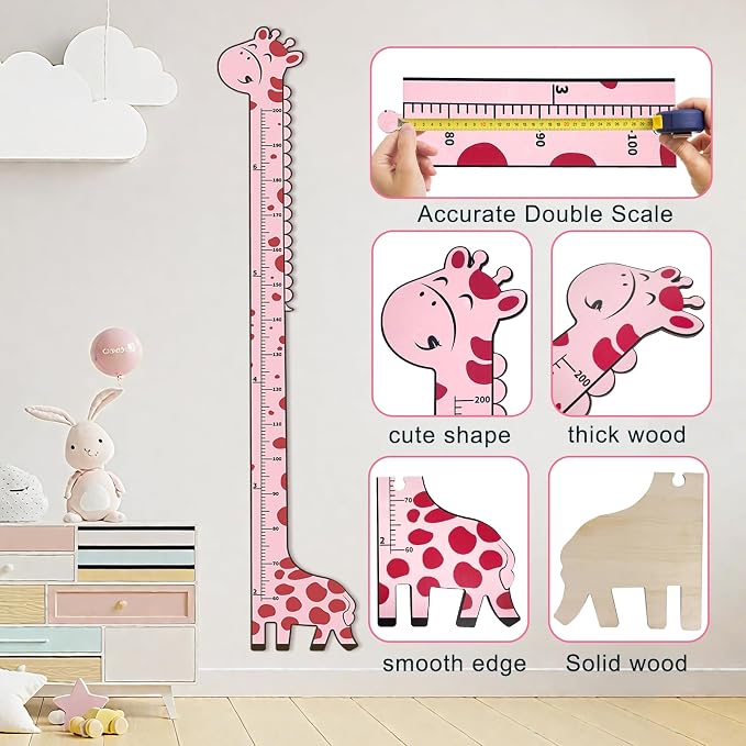 Wooden Growth Chart for Kids,Giraffe Height Chart for Boy Girls,Measuring Board for Kids Height,for Child's Room,Nursery Decor Decoration Wall Art (Pink Giraffe)