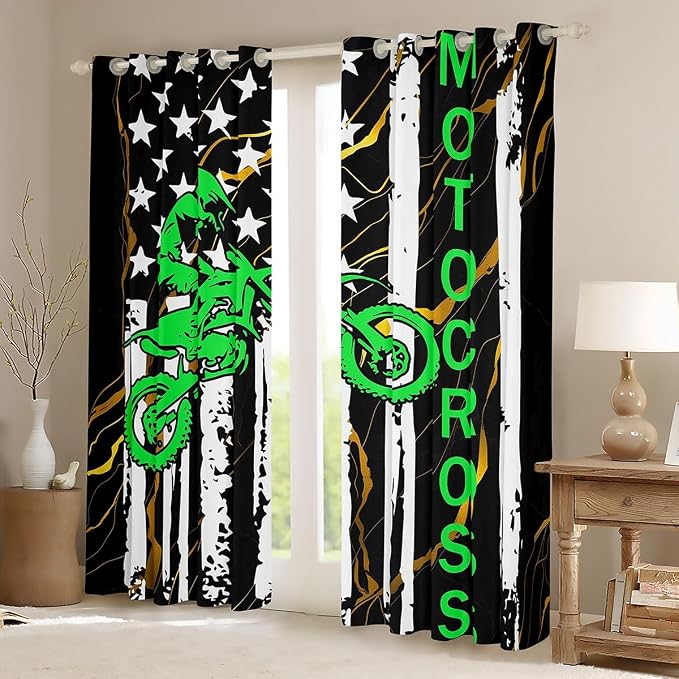 Dirt Bike Blackout Curtains For Boys, American Flag Window Curtains, Motocross Rider Motorbike Sport Curtains For Kids Teens Adult Men, United States Stripe Flag Curtains & Drapes 2 Panels,52"Wx84"L