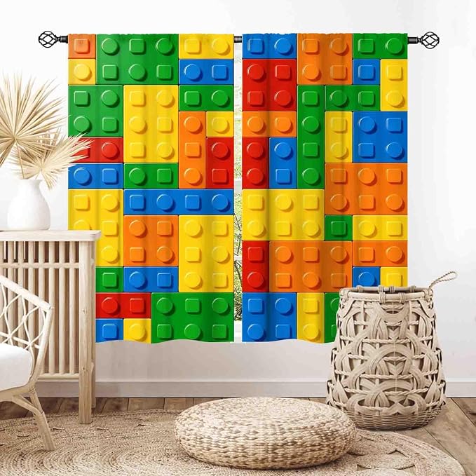 Building Blocks Curtains for Boys Room, Abstract Colorful Plastic Building Brick Blocks Geometric Printed Pattern Window Treatment Drapes for Kids Baby Bedroom Living Room, 42"x45" Inch