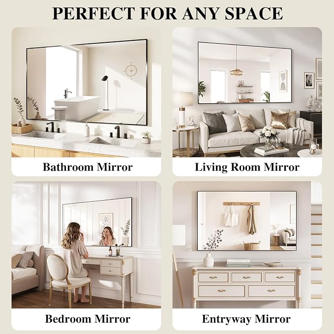 Koonmi Black Mirrors for Wall, 36x60 Inch Bathroom Mirror, Rectangular Wall Mirror for Living Room Bedroom Bathroom, Hangs Horizontally or Vertically