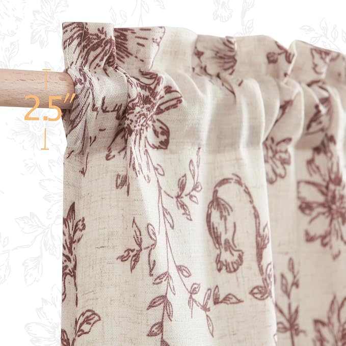 jinchan Floral Linen Tier Curtains 45 Inch Farmhouse Botanic Cafe Drapes for Small Windows Rustic Half Window Curtains for Kitchen Living Room Bathroom Laundry 2 Panels Red on Beige