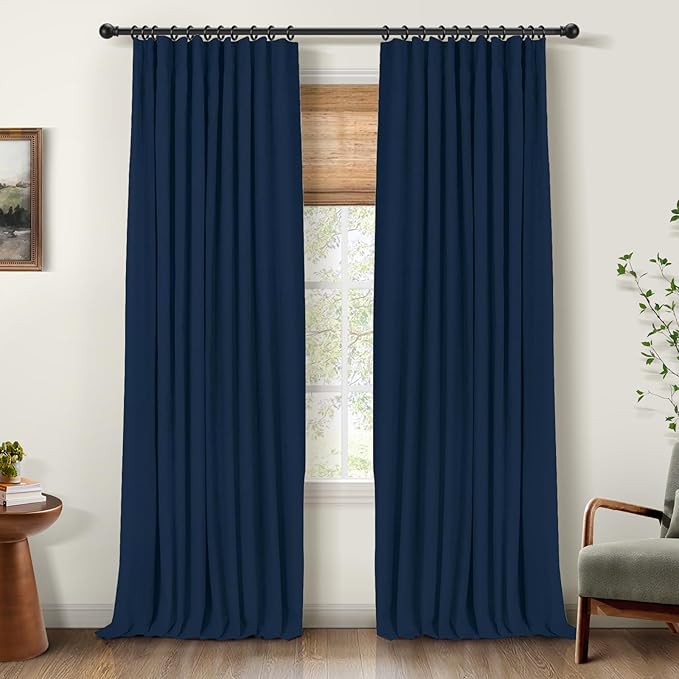 INOVADAY 100% Blackout Curtains for Bedroom, Black Out Curtains 96 Inch Long, Clip Rings Linen Blackout Drapes, Thermal Insulated Room Darkening for Living Room, 2 Panels - Midnight Blue,W50xL96