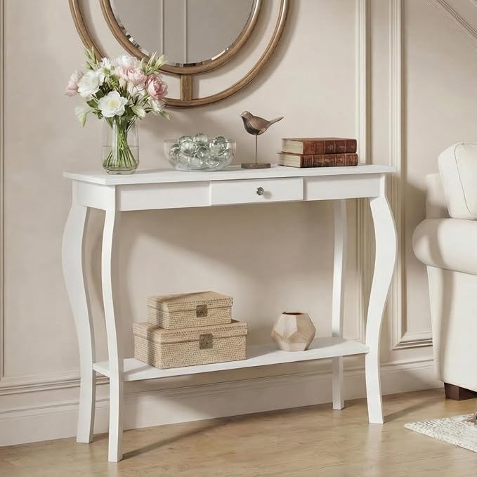 ChooChoo Narrow Console Table with Drawer, Chic Accent Sofa Table, Entryway Table, 39.3 Inch, White